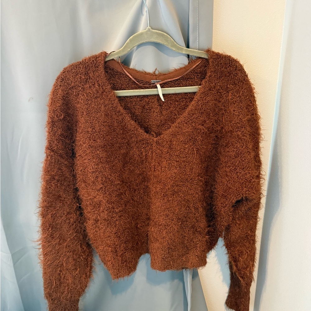 Free People Cozy Fuzzy V-Neck Sweater in Rust